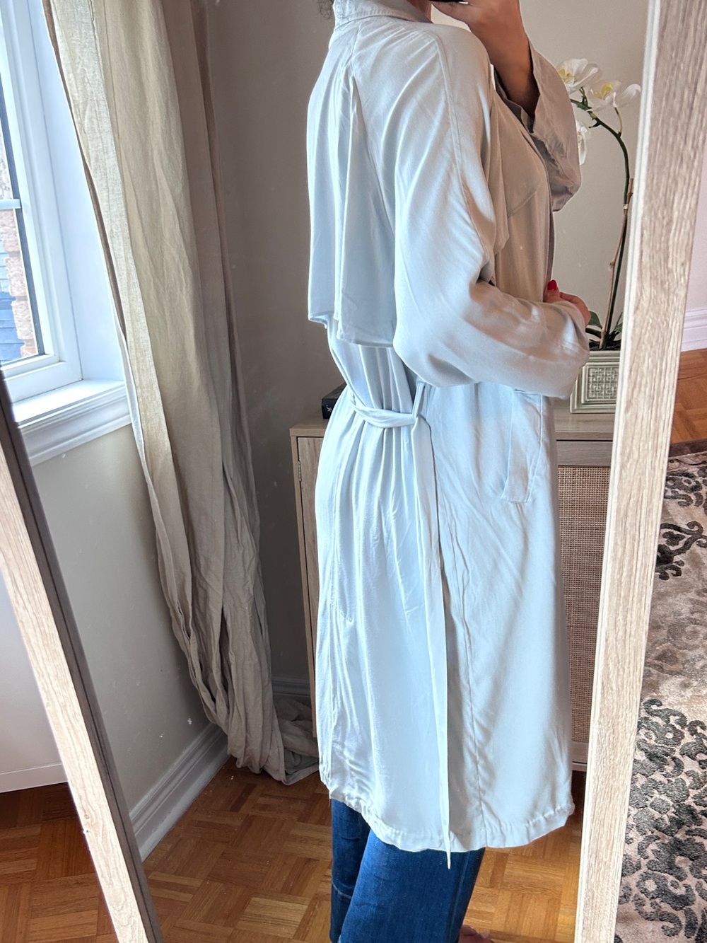 Light blue Leith trench coat with ruffles